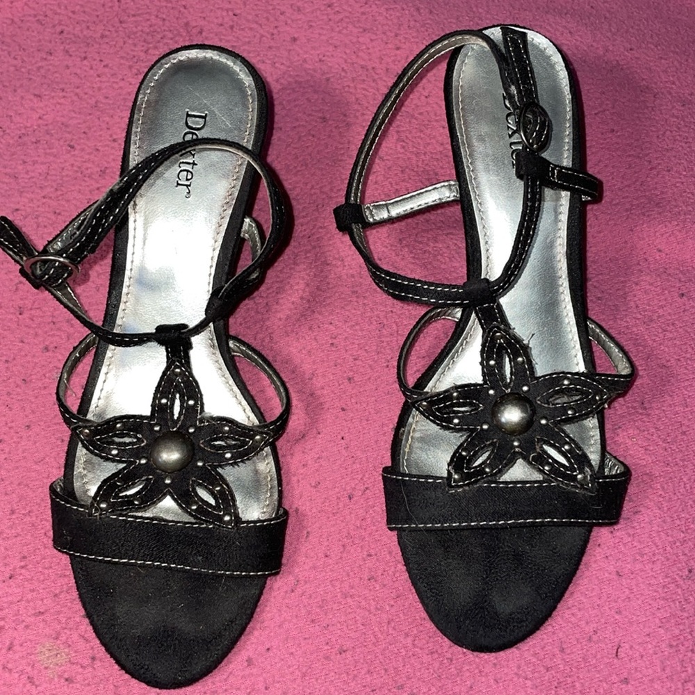 Ladies Dexter black fancy shoes play form heal open toe leather size 5